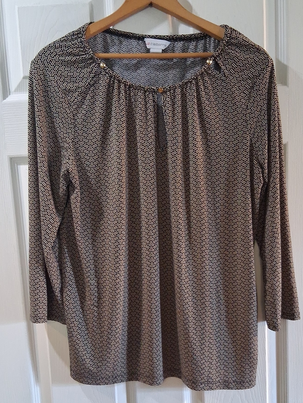Croft & Barrow Brown Geometric Print Long-Sleeve Stretchy Women's Top